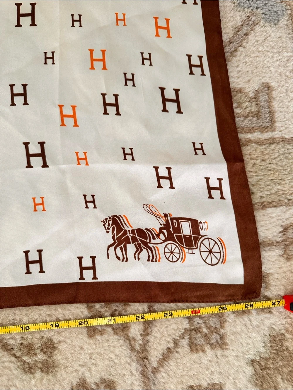 Silk-Feel Cream, Brown, and Orange H  Trim Square Scarf - Women Accessories